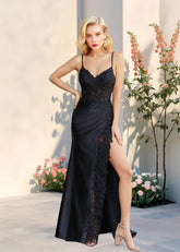 Kristin | Black Prom Dresses Long Mermaid V Neck Lace with High Slit - Black - PromDressClub